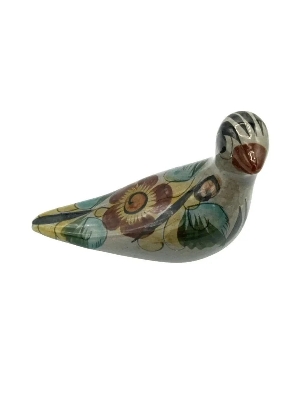 Mexican Pottery Bird Vintage Figurine Hand Painted Tonala Style Floral 6
